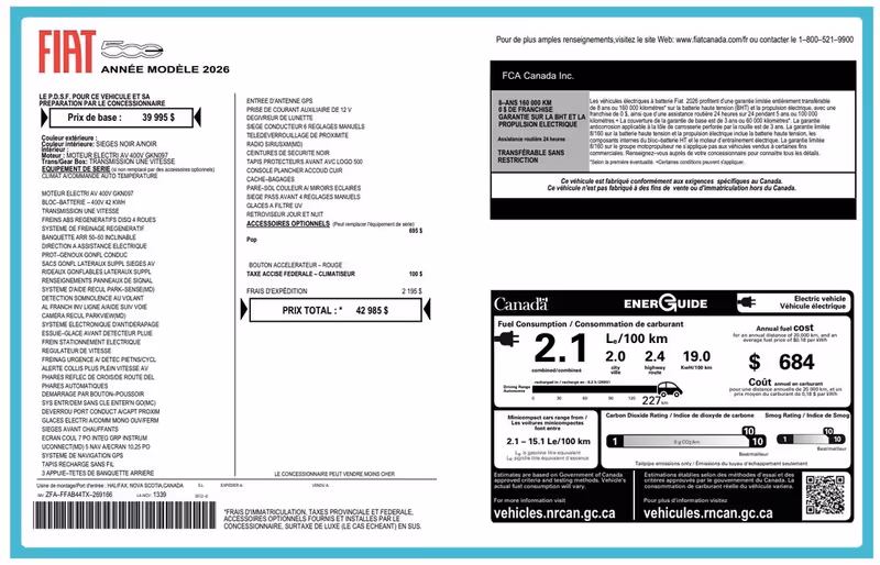 2026 FIAT 500e Pop