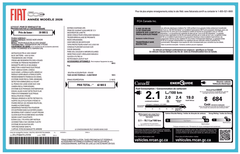 2026 FIAT 500e Pop