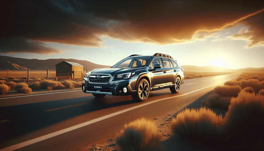 Professional automotive photography of a Subaru Outback on a scenic open road, golden hour lighting, cinematic wide angle shot, photorealistic, high quality